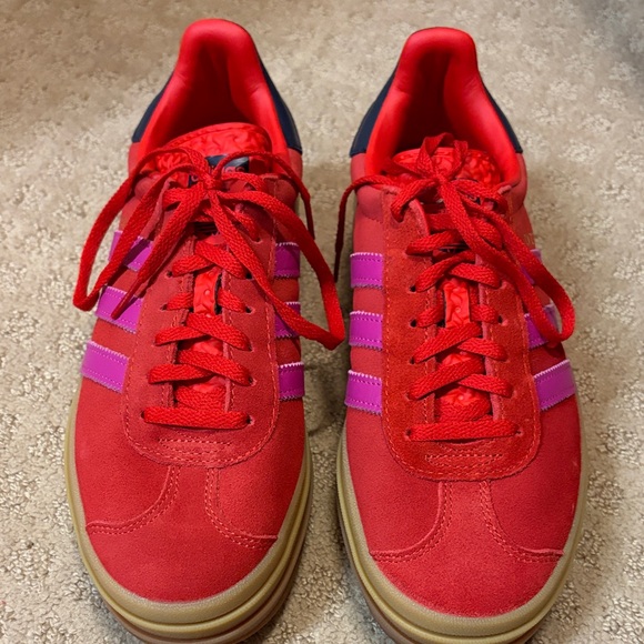 adidas Shoes - Red Suede Adidas Gazelle Sneakers with Pink Stripes and Navy Accents